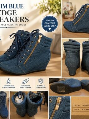 Denim Blue Wedge Sneakers with Gold Zipper